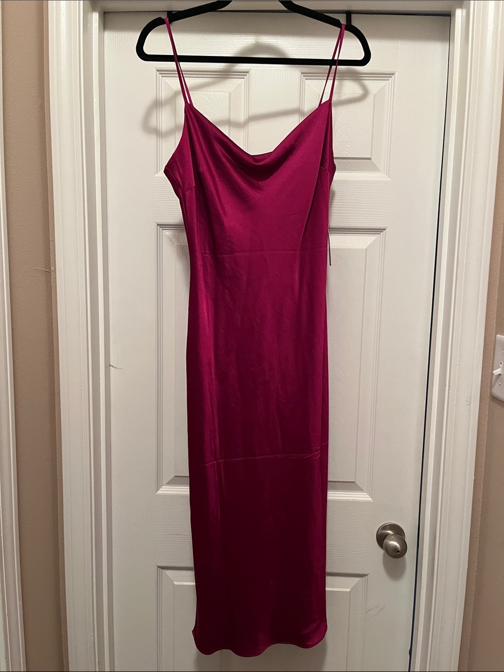 Magenta Satin Maxi Slip Dress with Cowl Neck